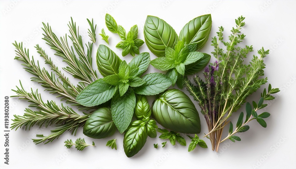Obraz premium Aromatic herbs and spices arranged artfully on a white background.