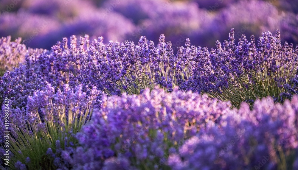 Obraz premium Vibrant purple lavender field bathed in sunlight.
