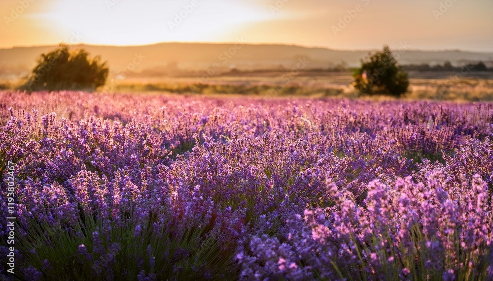 Fototapeta premium Sunset over a field of purple lavender.