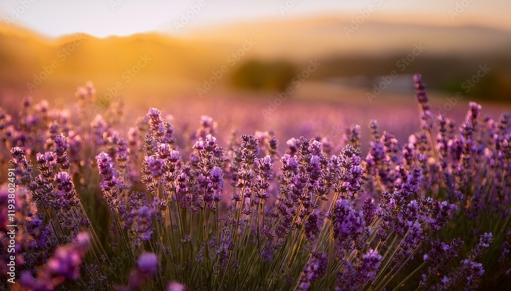 Naklejka premium Sunset over a field of purple lavender flowers.