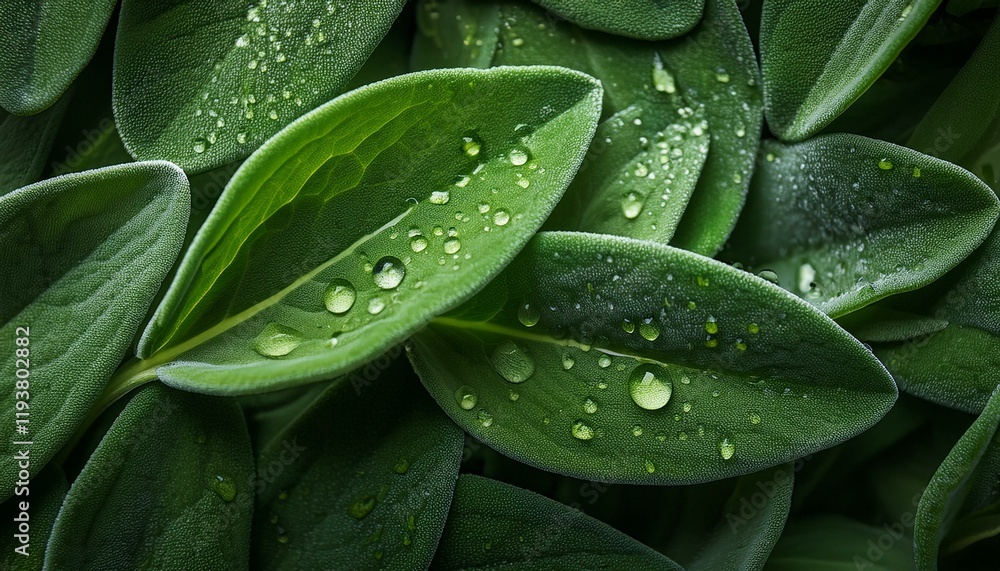 Obraz premium Close-up of lush green leaves glistening with morning dew.