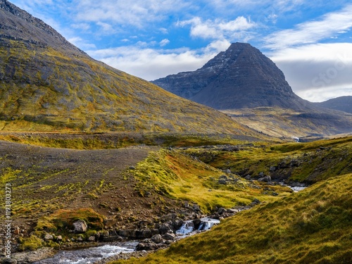 Landscape along the Strandvegur at Blafjoll. The Strandir in the Westfjords (Vestfirdir) in Iceland during autumn. photo