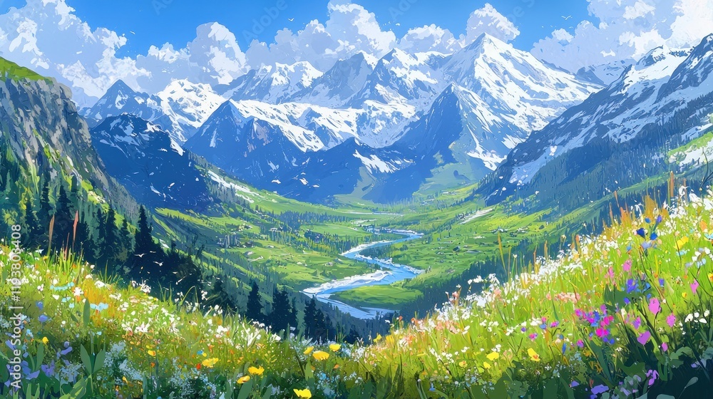Fototapeta premium Vibrant alpine valley with wildflowers, river, and snow-capped mountains under a sunny sky.