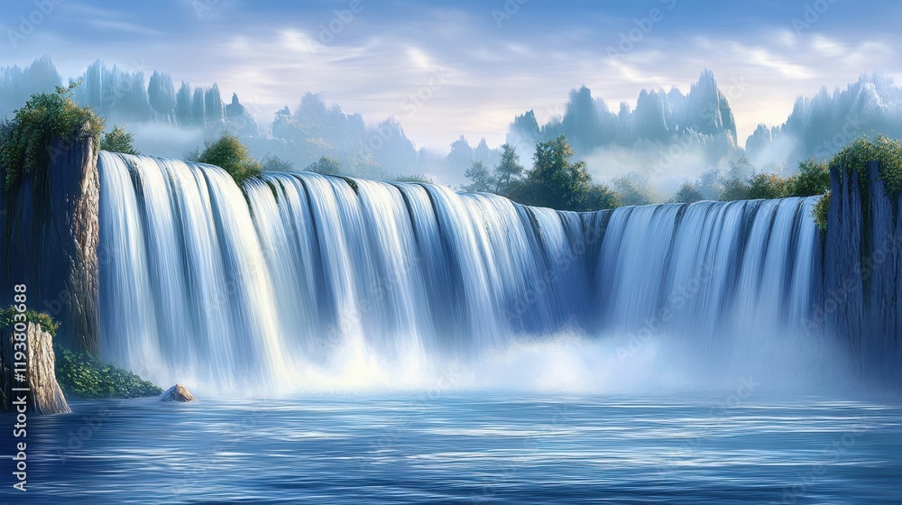 Fototapeta premium Serene Waterfall Cascading Over Majestic Mountains