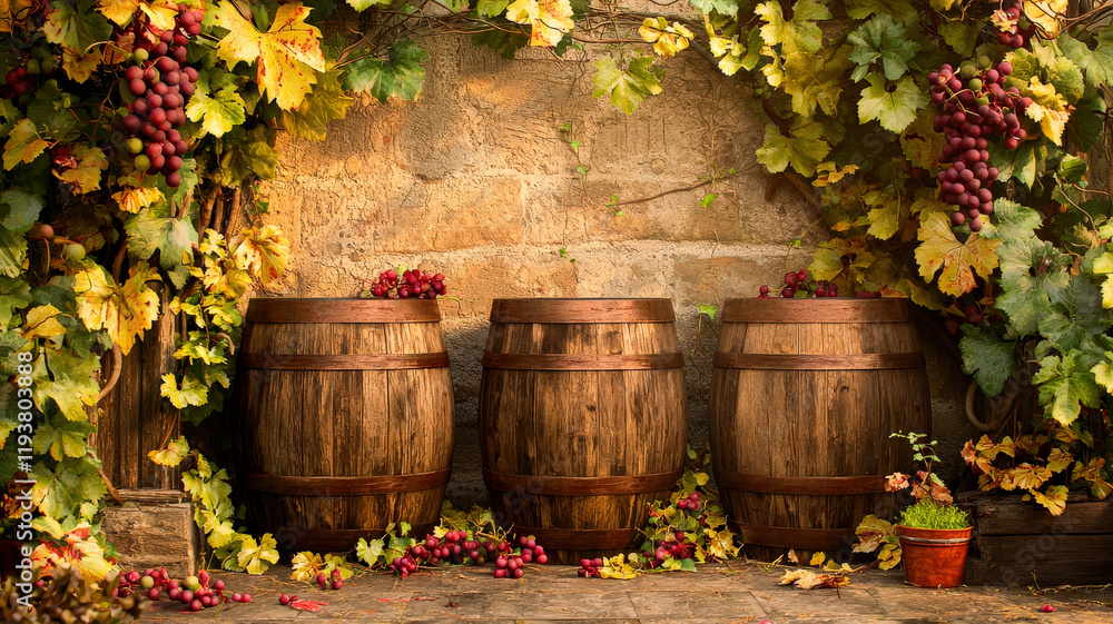 Naklejka premium A rustic vineyard scene with wooden barrels, grapevines, and warm lighting, creating a cozy, earthy atmosphere ideal for showcasing wine, artisanal products, or rustic-themed marketing campaigns. 