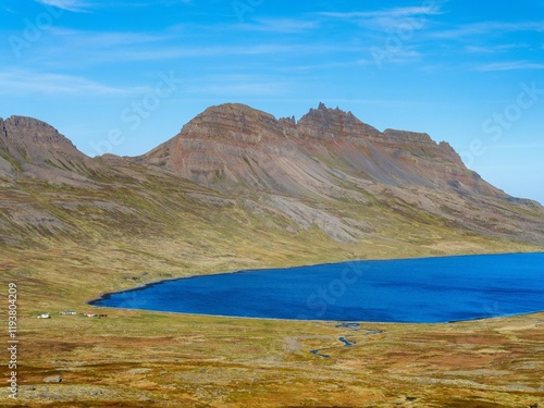 Landscape along the Strandvegur at Veidileysufjordur. The Strandir in the Westfjords (Vestfirdir) in Iceland during autumn. photo