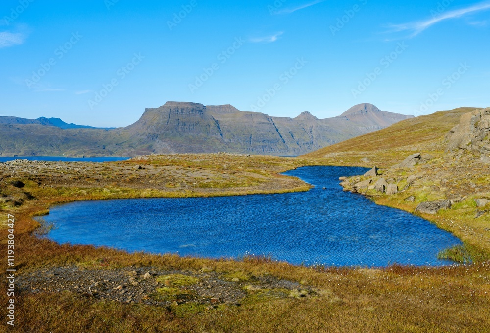 Landscape along the Strandvegur at Reykjarfjordur. The Strandir in the Westfjords (Vestfirdir) in Iceland during autumn.