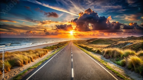 Vintage Huisduinen Coast Sunset: Scenic Coastal Road Leading to Infinity