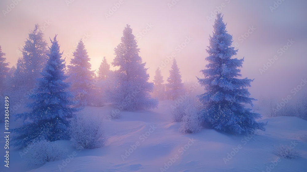 Misty sunrise over snow-covered pine forest. Misty sunrise over snow-covered pine forest.