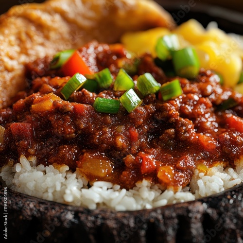 Close-up of a rice bowl with Ethiopian doro wat and injera. Featuring a spicy and rich dish. Highlighting the texture and flavors of the doro wat. Ideal for food and cultural themes. photo