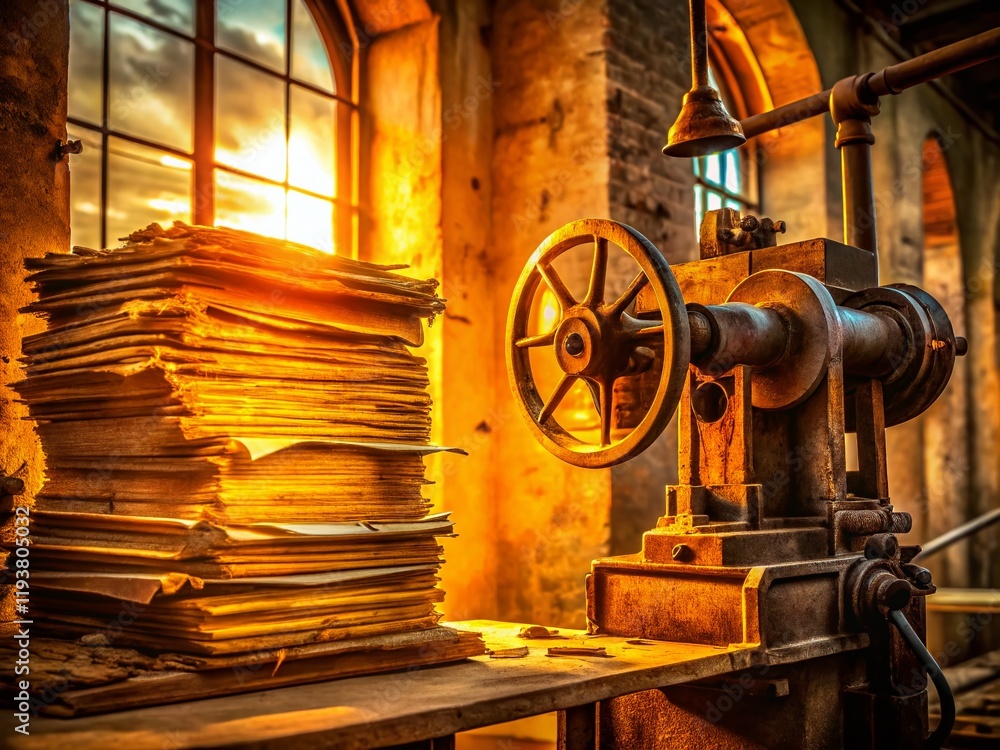 Fototapeta premium Vintage Machinery & Paper Documents: Retro Industrial Stock Photo