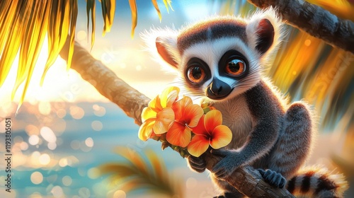 Adorable ring-tailed lemur holding flowers at sunset.