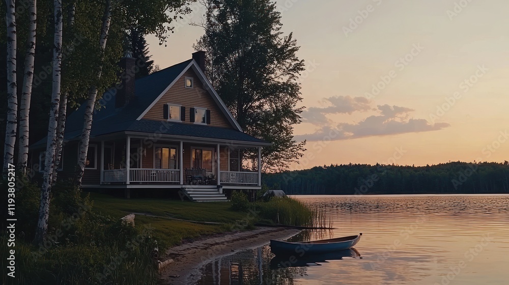 Fototapeta premium Lakeside cottage at sunset.
