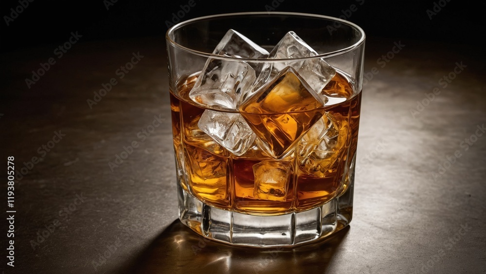 Whiskey Glasse with Ice Cubes and Warm Lighting Photograph Whiskey Glasse with Ice Cubes and Warm Lighting Photograph