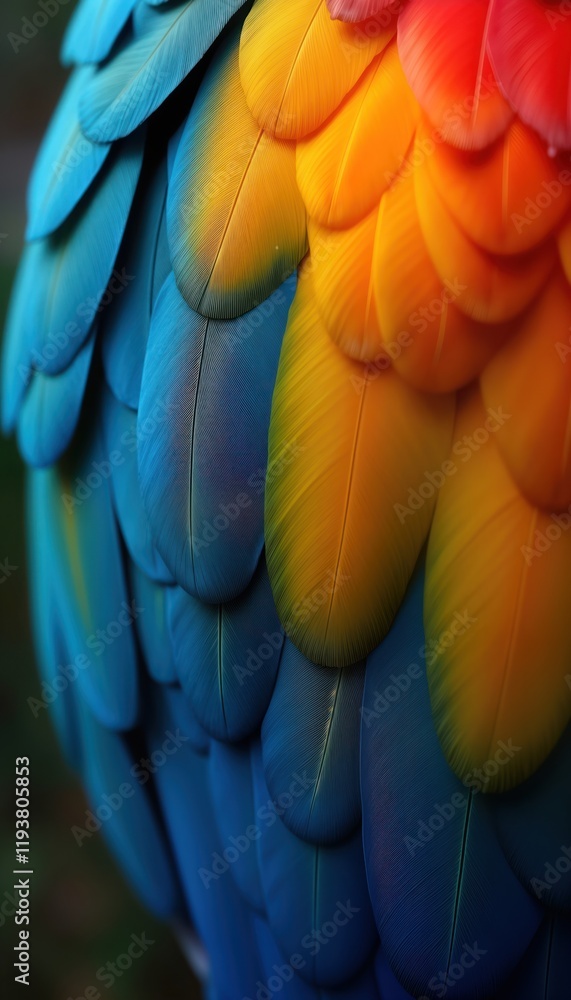 Fototapeta premium Closeup view of vibrant toucan feathers. Colorful plumage with vibrant hues of blue yellow, red. Feathers soft texture. Exotic tropical bird. Beautiful design pattern for background wallpaper