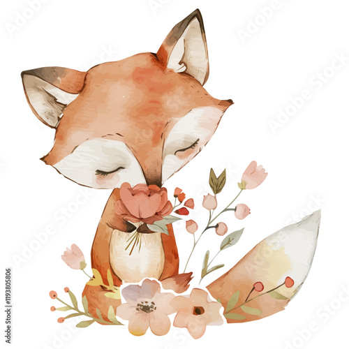 Watercolor clipart cute fox baby flowers fairy hand-drawn with floral flowers isolated on a white background