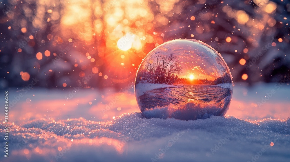 A mesmerizing sunset captured in a snow globe, surrounded by sparkling snow, creating a magical winter scene. A mesmerizing sunset captured in a snow globe, surrounded by sparkling snow, creating a magical winter scene.