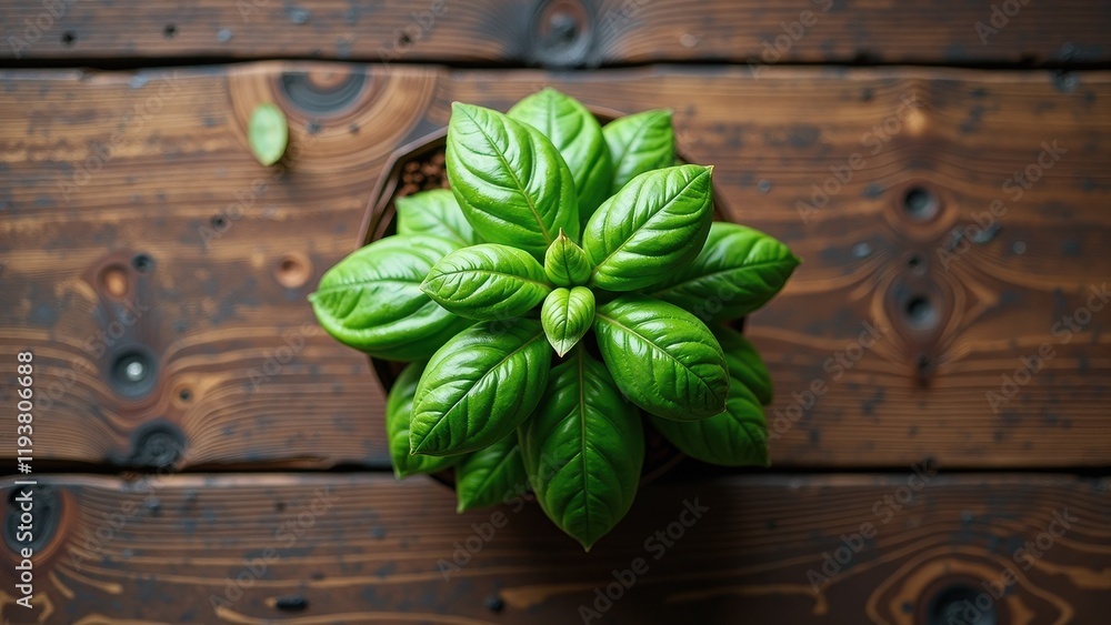 Lush basil sprouts vibrantly from its earthy brown pot, resting atop rustic wooden planks, inviting tranquility and natural charm Lush basil sprouts vibrantly from its earthy brown pot, resting atop rustic wooden planks, inviting tranquility and natural charm