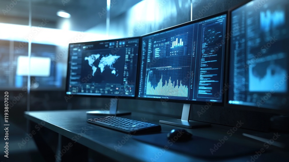 Triple monitor setup displaying global data analytics. Triple monitor setup displaying global data analytics.