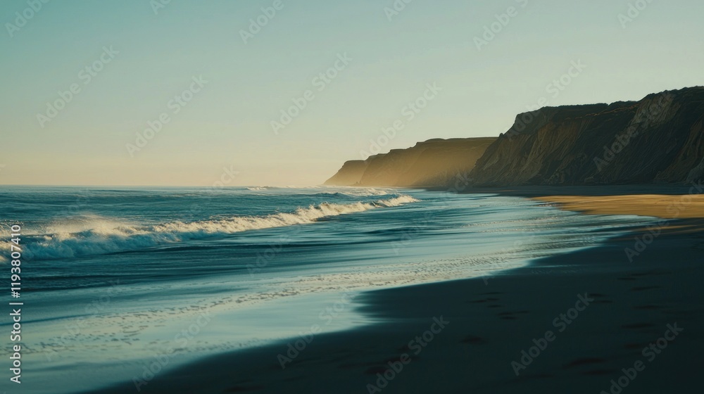 Sunset coastal scene with waves gently lapping a sandy beach next to dramatic cliffs. Sunset coastal scene with waves gently lapping a sandy beach next to dramatic cliffs.