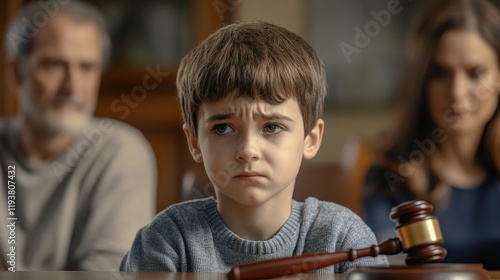 Sad boy sitting at a table in the background of his parents. photo