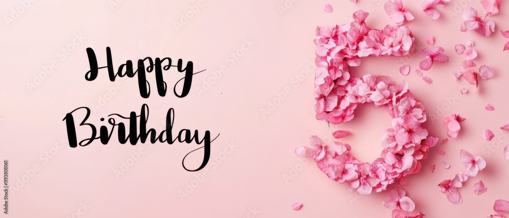 Naklejka premium Happy 5th Birthday Floral Number Five Pink Flower Petals Background