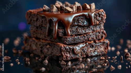 Juicy Brownies, Homemade brownies cake cookies with chocolate, on dark background copy space photo