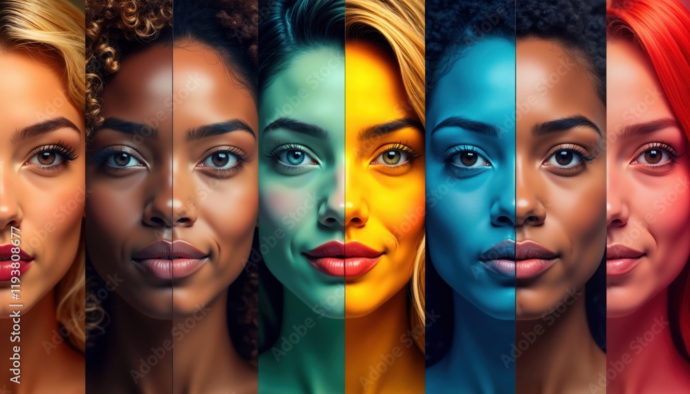 Obraz premium Diverse faces displayed in vivid colors. Different ethnicities divided by vibrant lines. Colorful portraits illustrate cultural diversity. Faces reveal various emotions. Art style power of contrast,