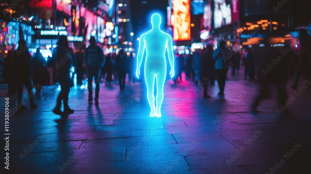 A glowing holographic figure stands amidst a bustling city scene at night, illuminated by vibrant neon lights and lively crowds. A glowing holographic figure stands amidst a bustling city scene at night, illuminated by vibrant neon lights and lively crowds.