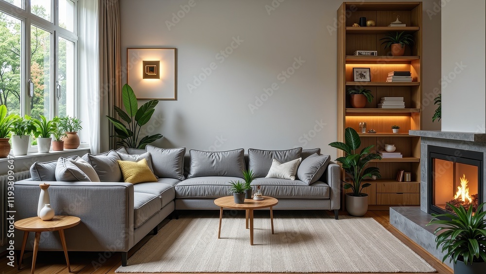 Fototapeta premium Lush gray sectional sofa facing left on polished hardwood floors, framed by soft natural light