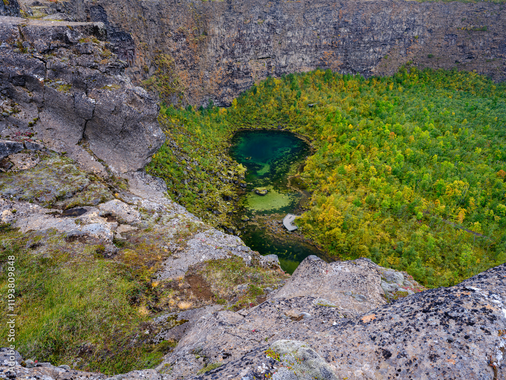 Asbyrgi canyon in Vatnajokull National Park. The canyon war formed by glacial river Jokulsa a Fjollum, before the river changed its course. Iceland