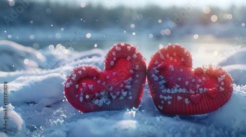 A pair of red mittens shaped like hearts placed on a snowy surface