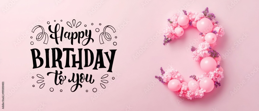 Obraz premium Happy 3rd Birthday Pink Balloons, Flowers Festive Lettering