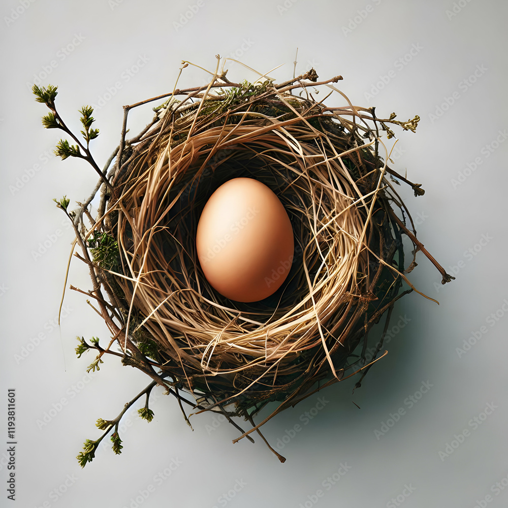 Easter Egg In A Tiny Nest Made Of Hay And Twigs: Isolated On A White Background Easter Egg In A Tiny Nest Made Of Hay And Twigs: Isolated On A White Background