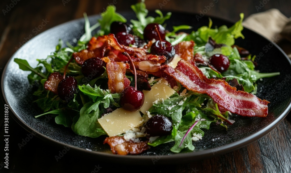 A plate with a bed of mixed greens salad topped with crispy bacon, fresh cherries and shaved cheese on a dark wooden table, elegant dinner, bacon A plate with a bed of mixed greens salad topped with crispy bacon, fresh cherries and shaved cheese on a dark wooden table, elegant dinner, bacon