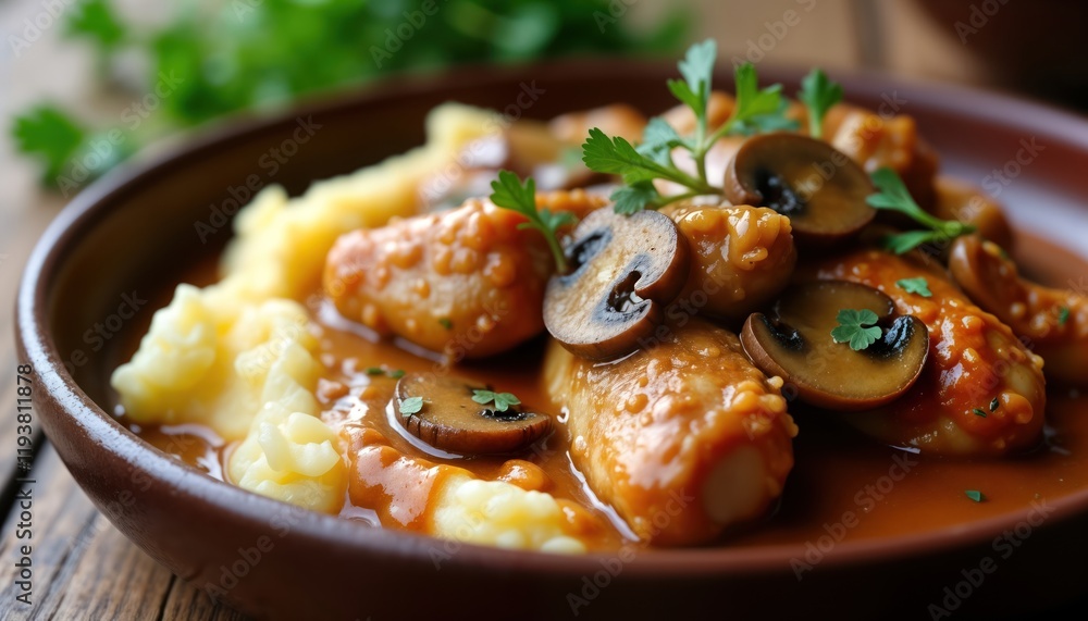 Savory chicken marsala dish with mushrooms, marsala wine sauce served with mashed potatoes. Delicious, appetizing meal ready to eat. Italian cuisine highlighted in food photo. Close up indoor shot. Savory chicken marsala dish with mushrooms, marsala wine sauce served with mashed potatoes. Delicious, appetizing meal ready to eat. Italian cuisine highlighted in food photo. Close up indoor shot.