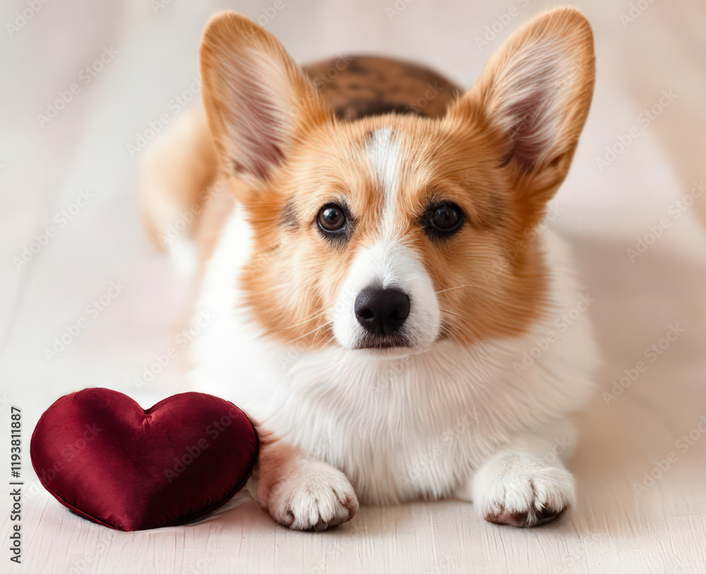 Charming image of a Corgi dog resting near a soft red heart-shaped cushion. Perfect for concepts of love, companionship, and Valentine's Day Charming image of a Corgi dog resting near a soft red heart-shaped cushion. Perfect for concepts of love, companionship, and Valentine's Day
