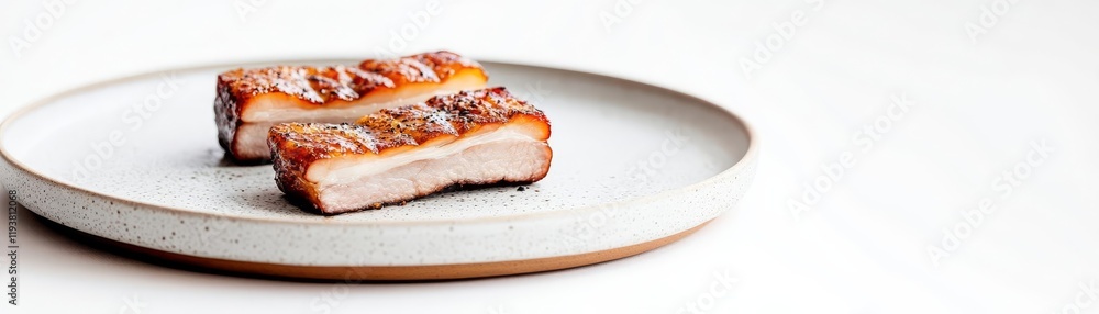 Fried pork belly on a ceramic plate, elegant dining presentation, minimalistic and clean, isolated on white background Fried pork belly on a ceramic plate, elegant dining presentation, minimalistic and clean, isolated on white background