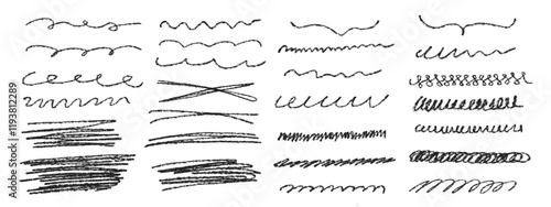 Vector illustrations of markers, brushes and stylized pencil sketches. Chalk strokes, pencil swirls and scribbles. Hand drawn lines, stroke dividers in various patterns.