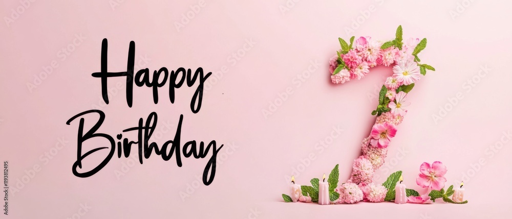 Naklejka premium Happy 7th Birthday Floral Number Seven with Candles Pink Background