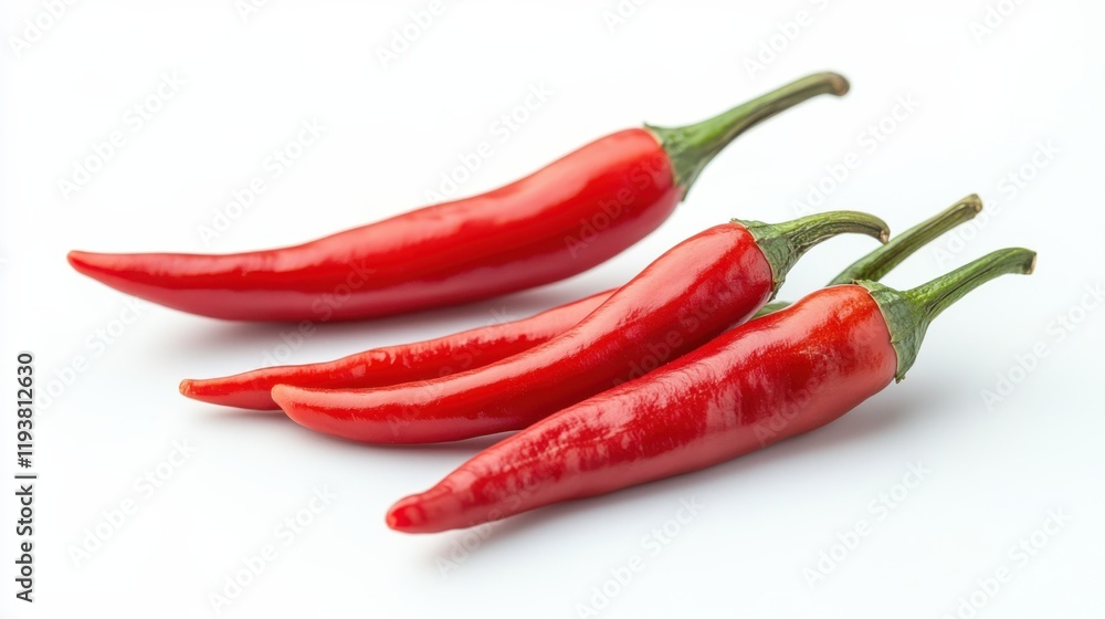 Fresh and Vibrant Red Chili Peppers Isolated on White Background Perfect for Culinary and Food Photography, Showing Natural Gloss and Shape of Spicy Ingredients Fresh and Vibrant Red Chili Peppers Isolated on White Background Perfect for Culinary and Food Photography, Showing Natural Gloss and Shape of Spicy Ingredients