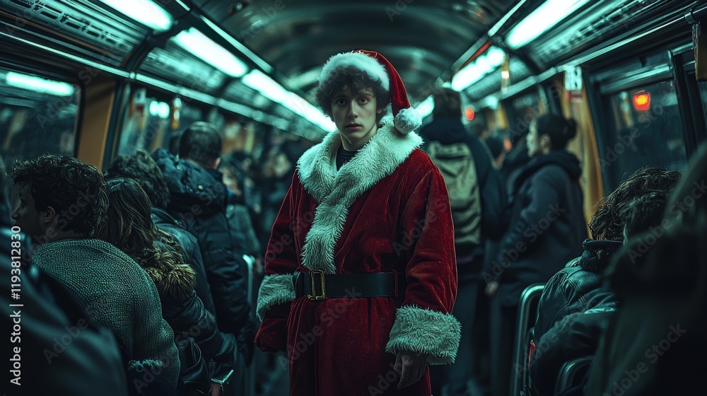 Fototapeta premium A young man in a Santa costume stands in a crowded subway car, creating a striking contrast against commuters. Captures the holiday spirit in a modern setting.