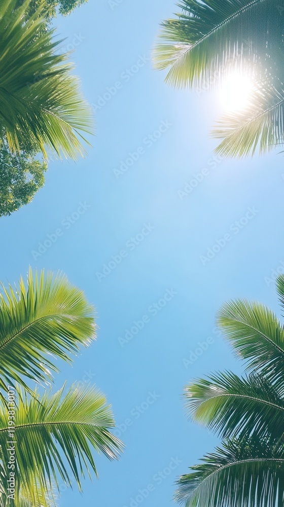 Underside View of Coconut Trees with Clear Sky and Shining Sunlight - Tropical Paradise Summer Vibe with Lush Greenery and Blue Sky Backdrop Underside View of Coconut Trees with Clear Sky and Shining Sunlight - Tropical Paradise Summer Vibe with Lush Greenery and Blue Sky Backdrop