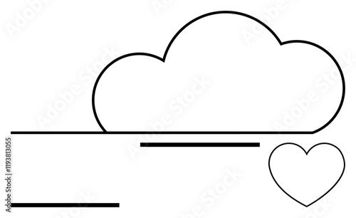 Cloud outline above parallel lines and heart shape conveys concepts of technology, love, simplicity, connection, emotions, minimalism, and flat design as abstract line flat metaphor