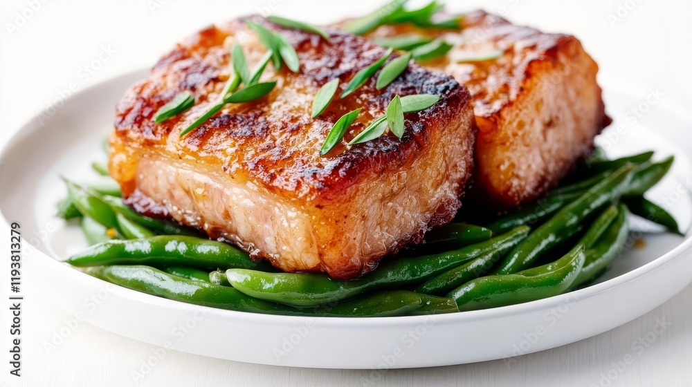 Fried pork belly paired with green beans, simple side dish contrast, plated together, isolated on white background Fried pork belly paired with green beans, simple side dish contrast, plated together, isolated on white background