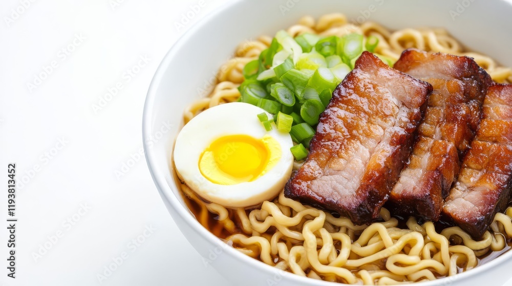 Fried pork belly ramen, Japanese cuisine concept, placed on noodles with egg and broth, isolated on white background Fried pork belly ramen, Japanese cuisine concept, placed on noodles with egg and broth, isolated on white background