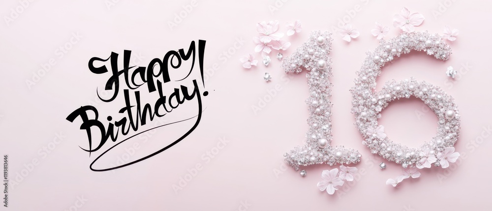 Naklejka premium Happy 16th Birthday Sparkling Pearl Number Sixteen on Pink Background