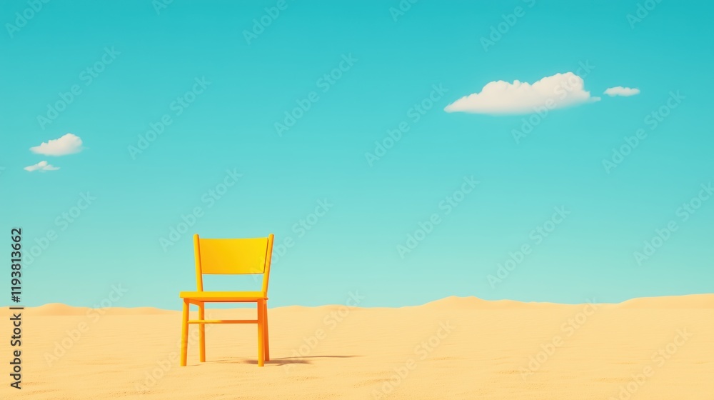 Yellow Chair in the Desert Under Clear Blue Sky with Minimal Clouds, Surreal and Minimalistic Scene Capturing Bold Contrasts and Conceptual Art Vibe for Creative Design Inspiration