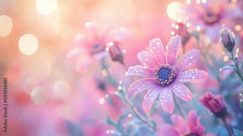 Closeup of dew-kissed flowers with pastel bokeh background Closeup of dew-kissed flowers with pastel bokeh background