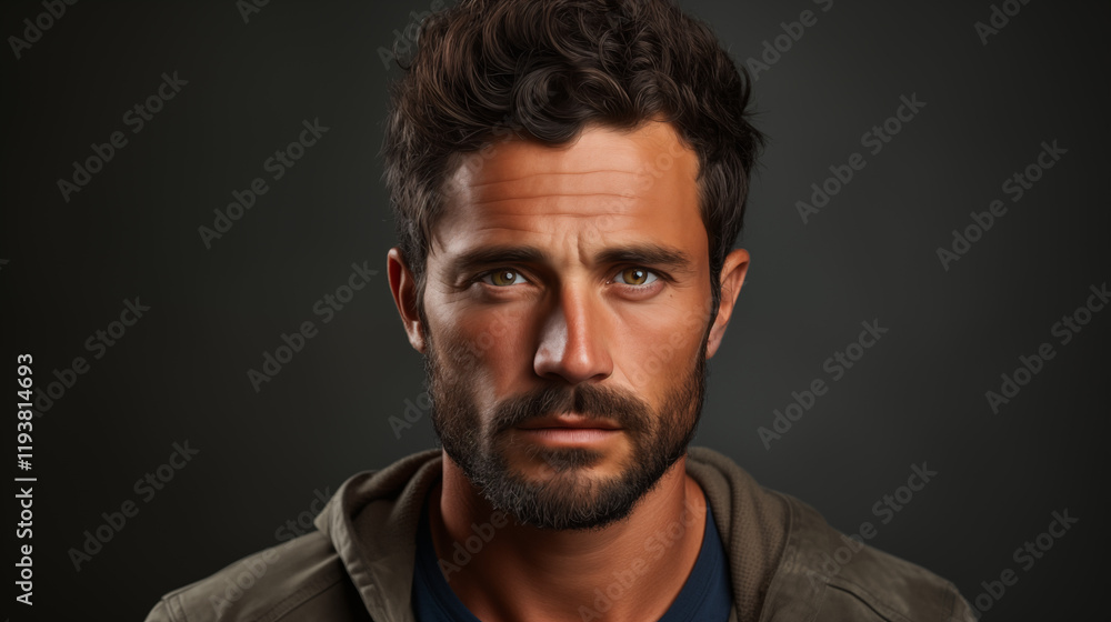 Closeup portrait of a handsome, serious man with a beard and dark hair, looking directly at the camera Closeup portrait of a handsome, serious man with a beard and dark hair, looking directly at the camera